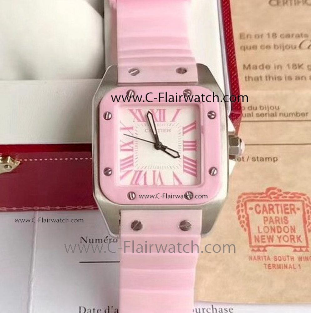 Santos 100 Cartier Watch Copy - SS Case Pink Rubber Strap